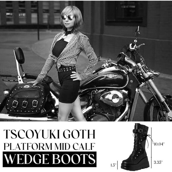 Women's Mid Calf Chunky Wedge Heel Rave Combat Lace Up Zipper Round Black Boot - Picture 4 of 6